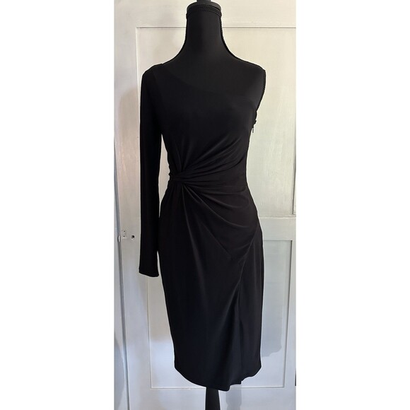 Vince Camuto Women's Black One Shoulder Ruched Cocktail Dress Side Slit Size 2 - Picture 1 of 8